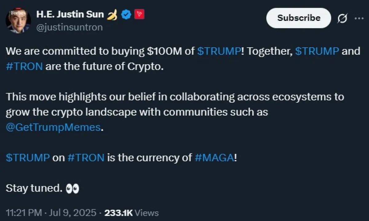 Justin Sun's $100M TRUMP Bet